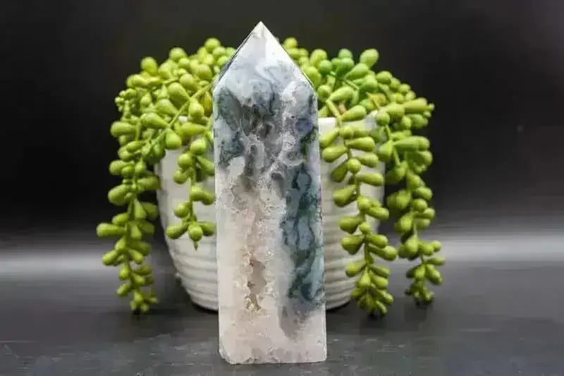 Moss Agate Tower 6" w/Druzy - My Crystal Addiction