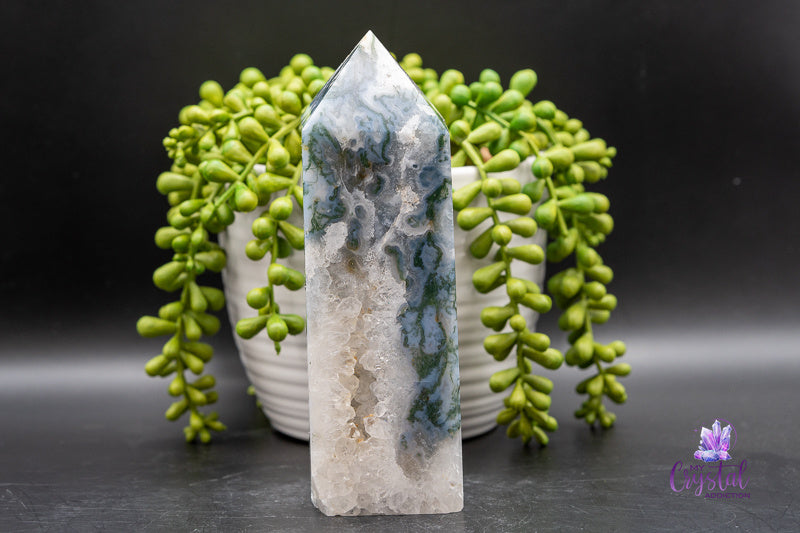 Moss Agate Tower with Druzy - 6 in - Heart Chakra - My Crystal Addiction
