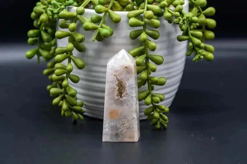 Pink Amethyst w/Flower Agate Tower w/Druzy 3" - My Crystal Addiction