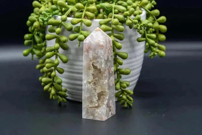 Pink Amethyst w/Flower Agate Tower w/Druzy 4" - My Crystal Addiction