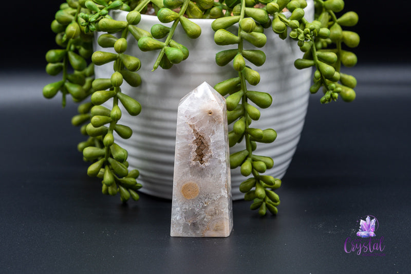 Pink Amethyst with Flower Agate Tower with Druzy - Heart Chakra - My Crystal Addiction