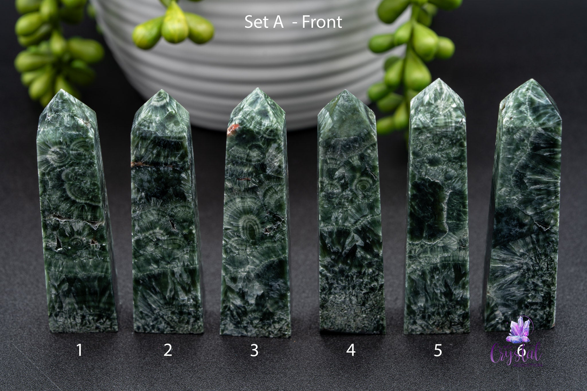 Set of five green kabamba jasper crystal towers on black surface with plant in background