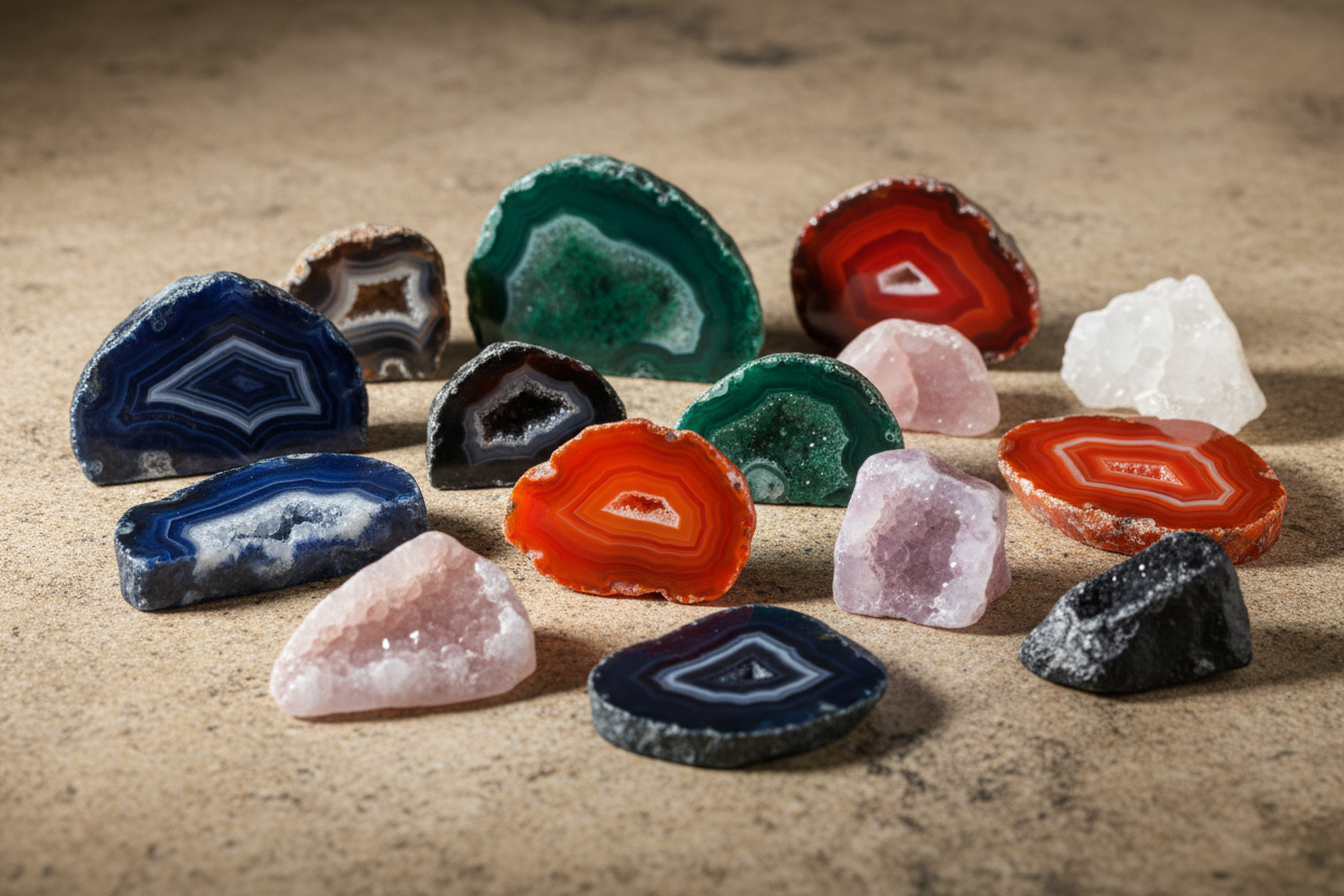 Natural agate crystals in multiple colors and patterns