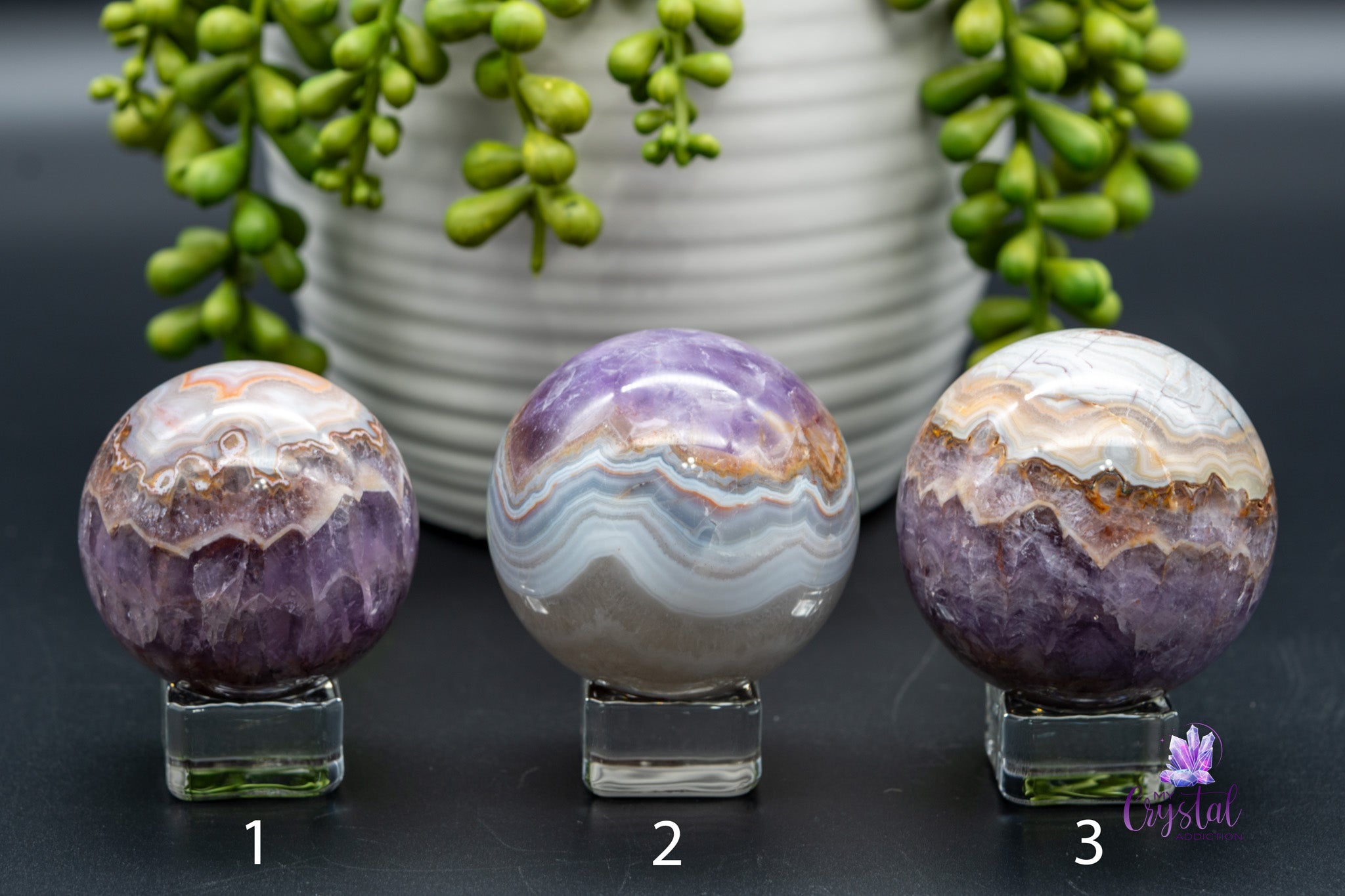 Amethyst with Mexican Agate Sphere 1.9"-2.9"/48mm-75mm - My Crystal Addiction