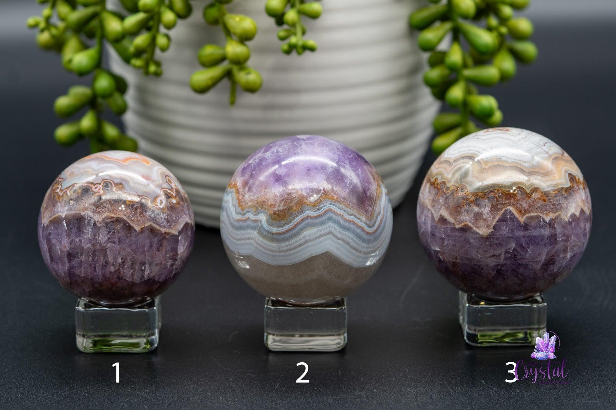 Amethyst with Mexican Agate Sphere 1.9"-2.9"/48mm-75mm - My Crystal Addiction