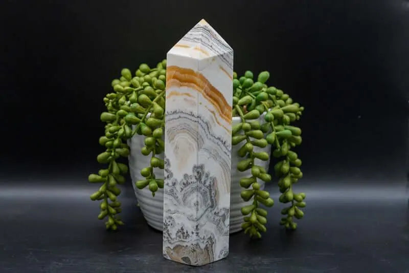 Rare Large Dendritic outlets Agate with Orange Banded Calcite Tower Obelisk Point Wand Carved Crystal Tower