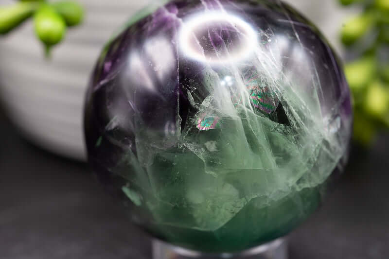 Fluorite Sphere - Snowflake w/Rainbow 2.5" - My Crystal Addiction