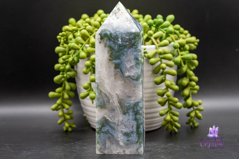 Moss Agate Tower with Druzy - 6 in - Heart Chakra - My Crystal Addiction