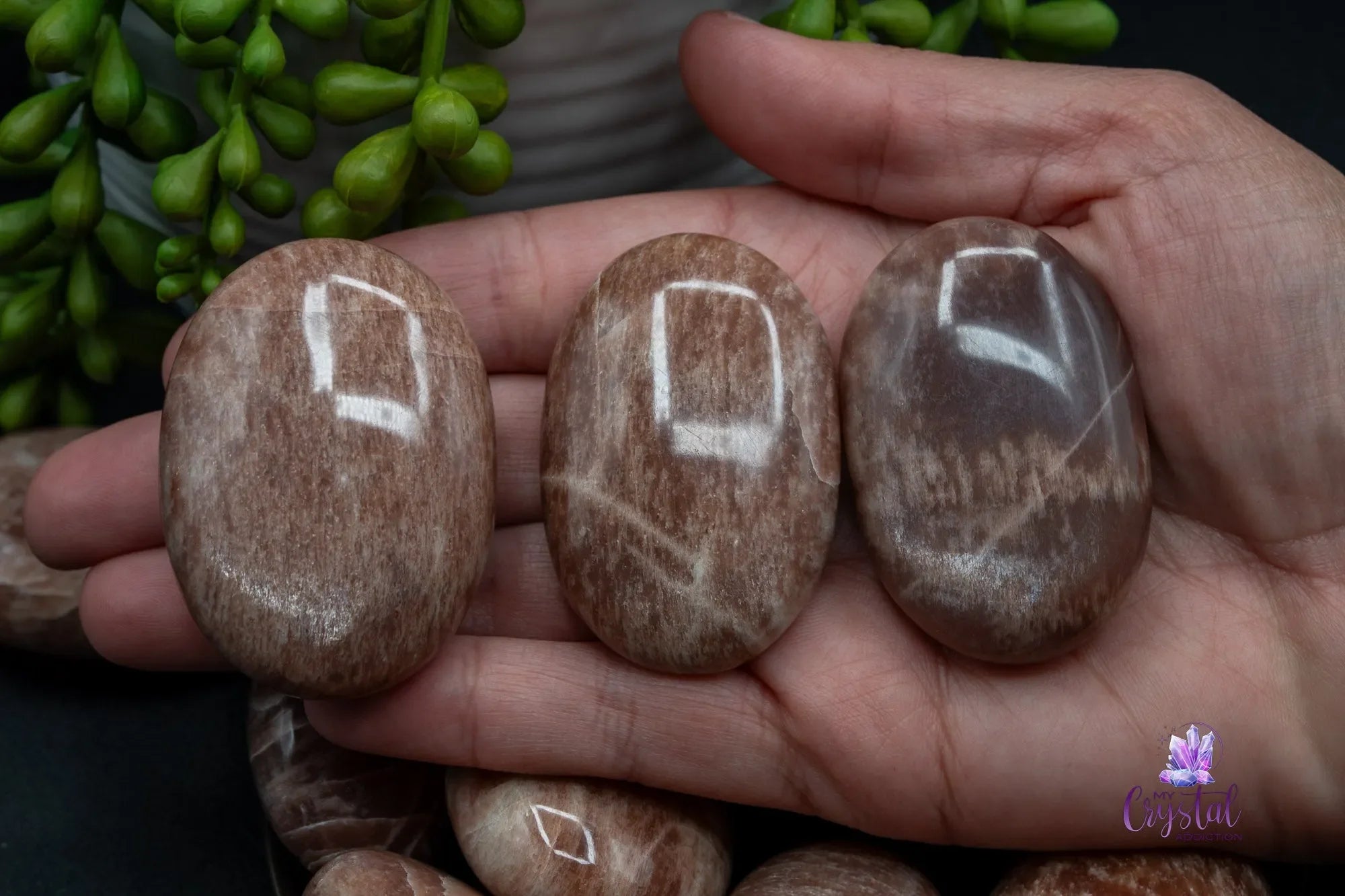 Rose Gold Moonstone Sunstone Palm Stone - Emotional Balance - My Crystal Addiction