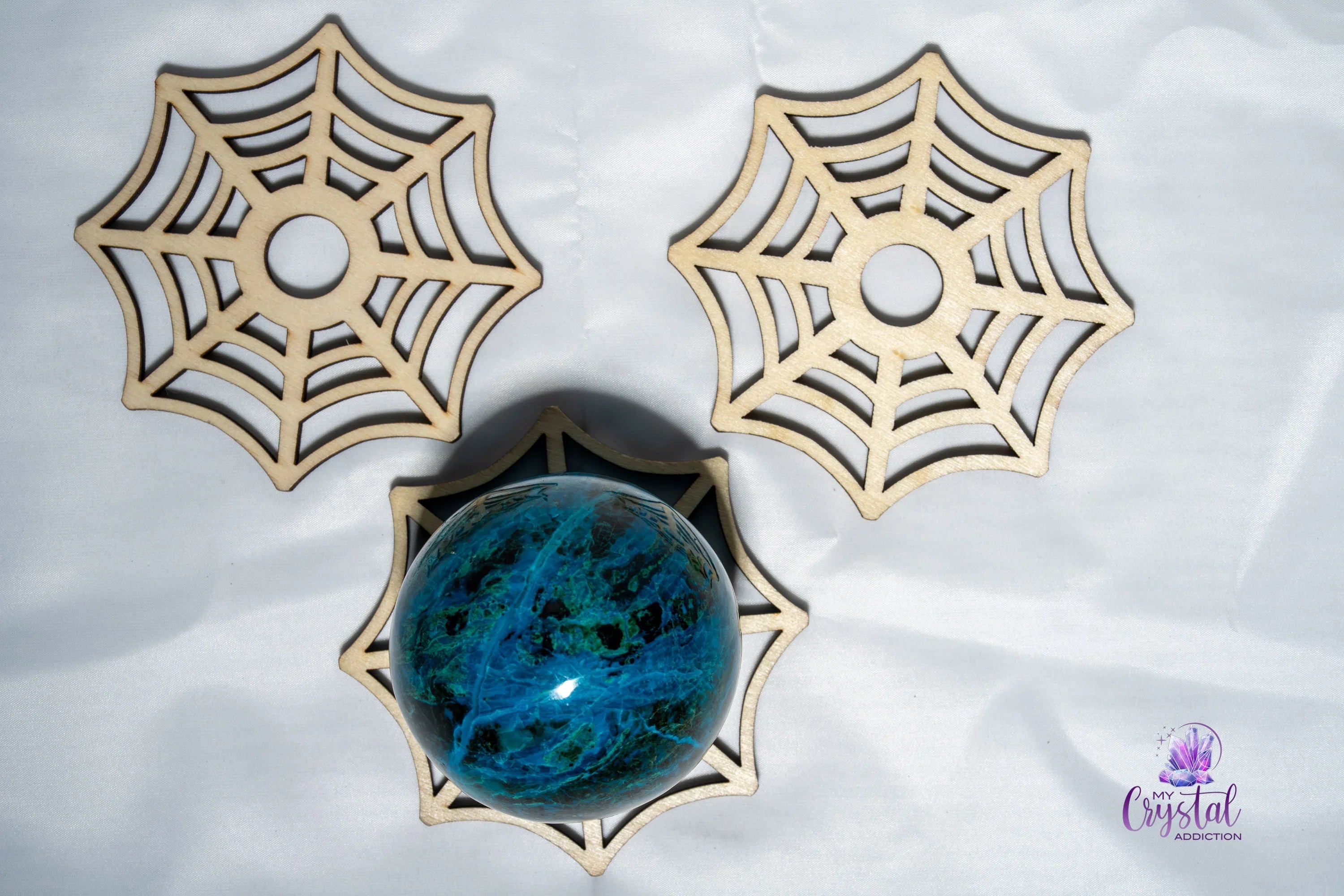 Wooden Sphere Stand - Laser Cut Spider Web - My Crystal Addiction