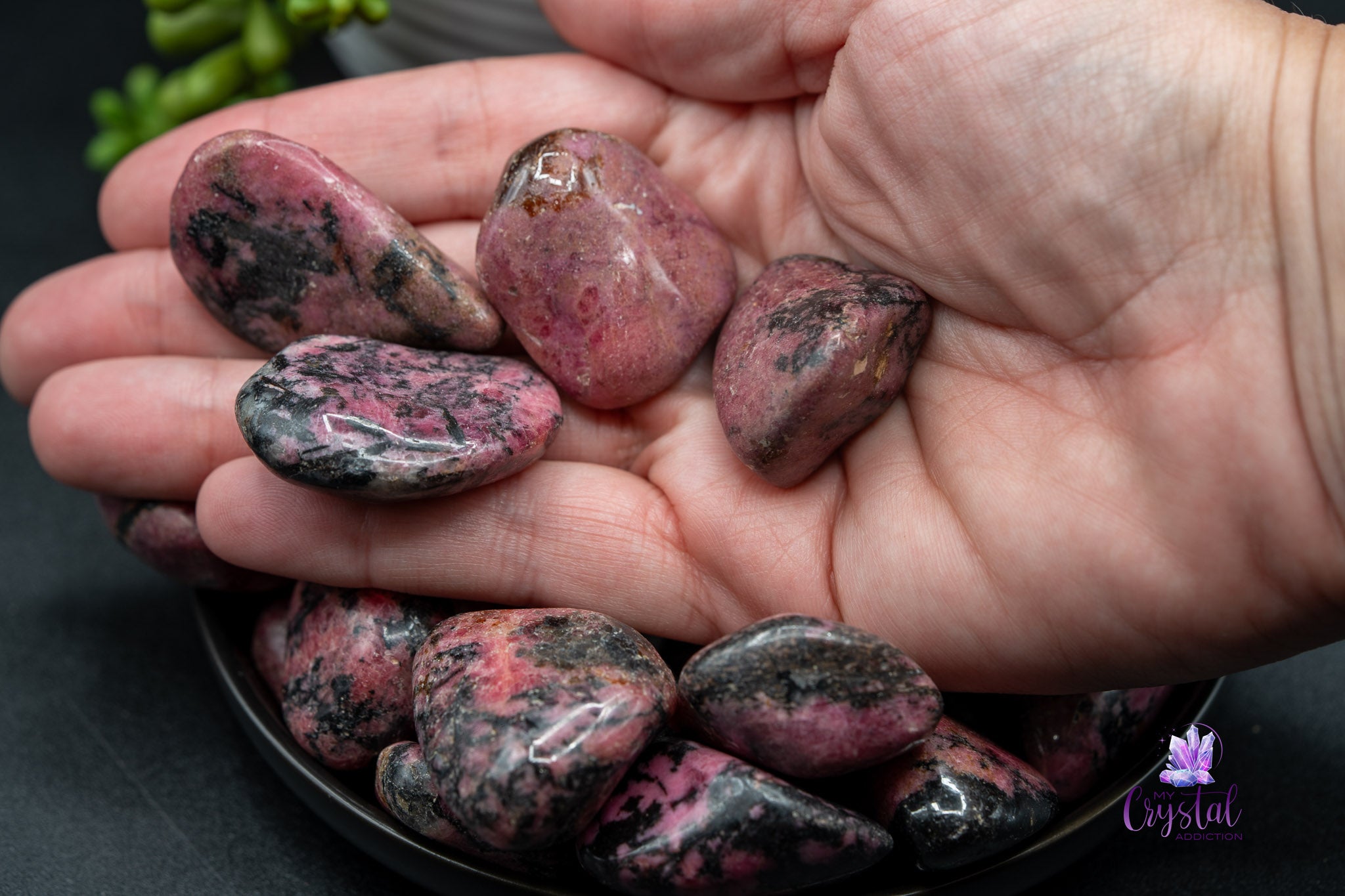 Hand holding polished pink and black rhodonite tumbled stones with My Crystal Addiction logo
