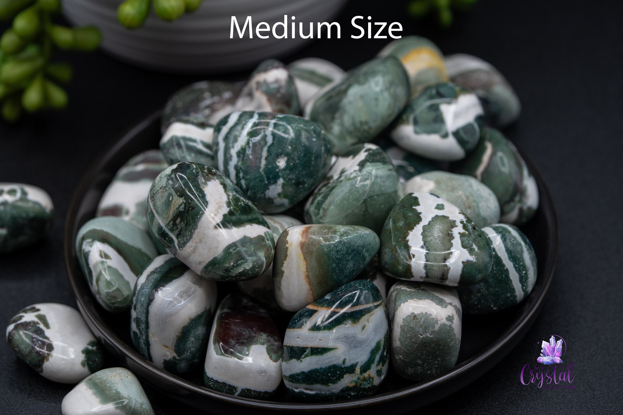 Medium size polished green moss agate stones in a black bowl on a dark surface