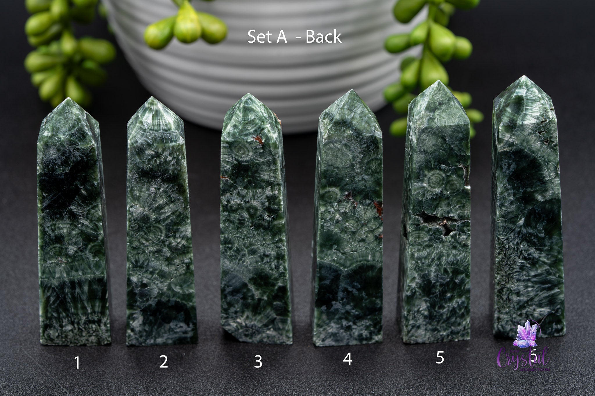 Six green crystal obelisks with swirling patterns, labeled 1-5, on black background, succulent plant behind.