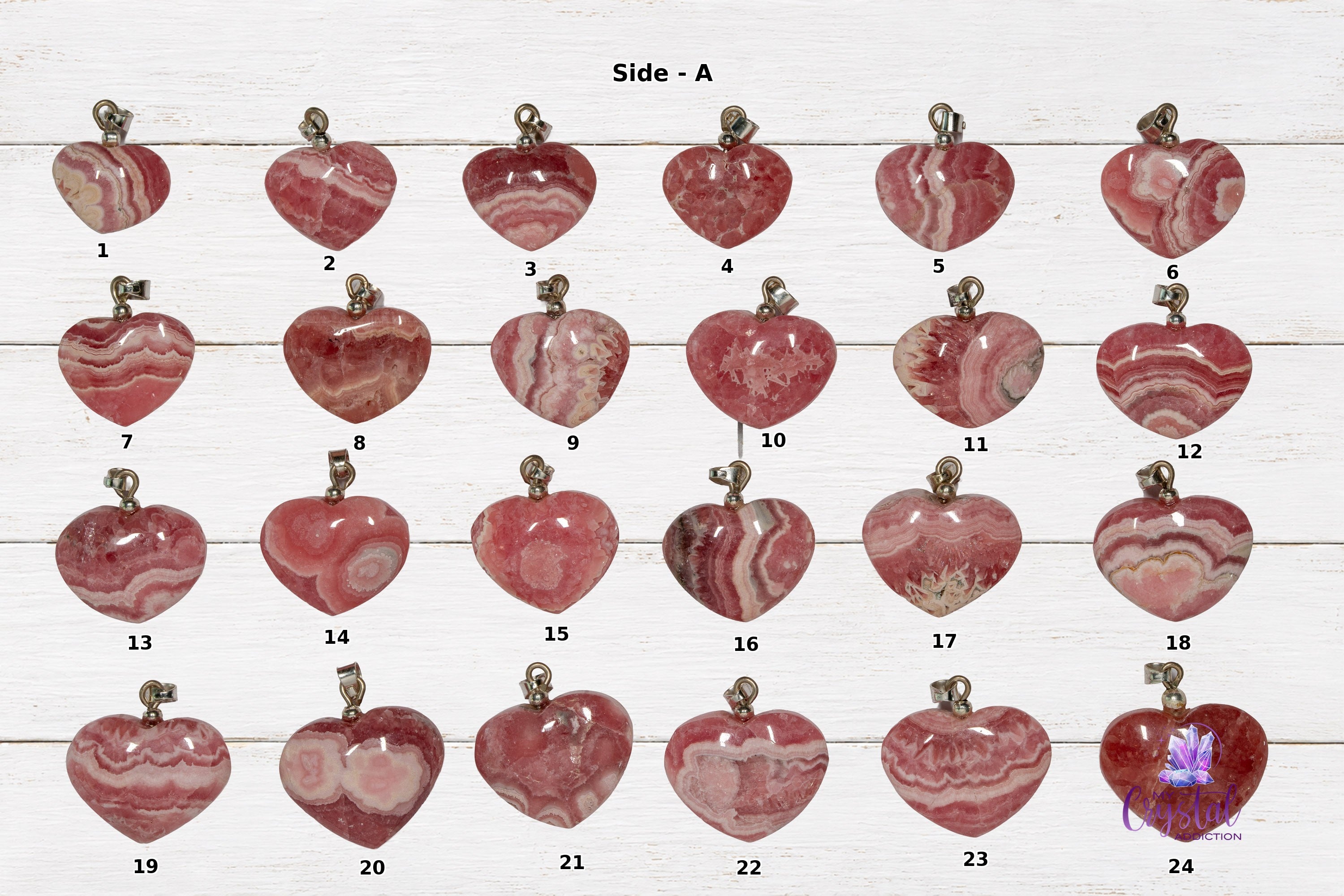 Display of rhodochrosite heart pendants with varying patterns